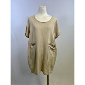 Womens Linen Dress Sz M Beige Shift Lagenlook Short Sleeve Pockets Tree Of Life